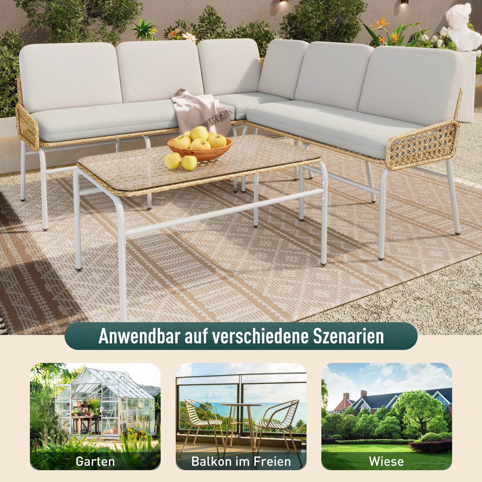 Flieks Gartenlounge-Set, 5-Sitzer Gartenmöbel Polyrattan (2-Sitzer Sofa + 3-Sitzer Sofa +Tisch)