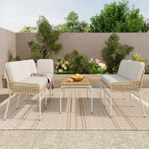 Flieks Gartenlounge-Set, 5-Sitzer Gartenmöbel Polyrattan (2-Sitzer Sofa + 3-Sitzer Sofa +Tisch)