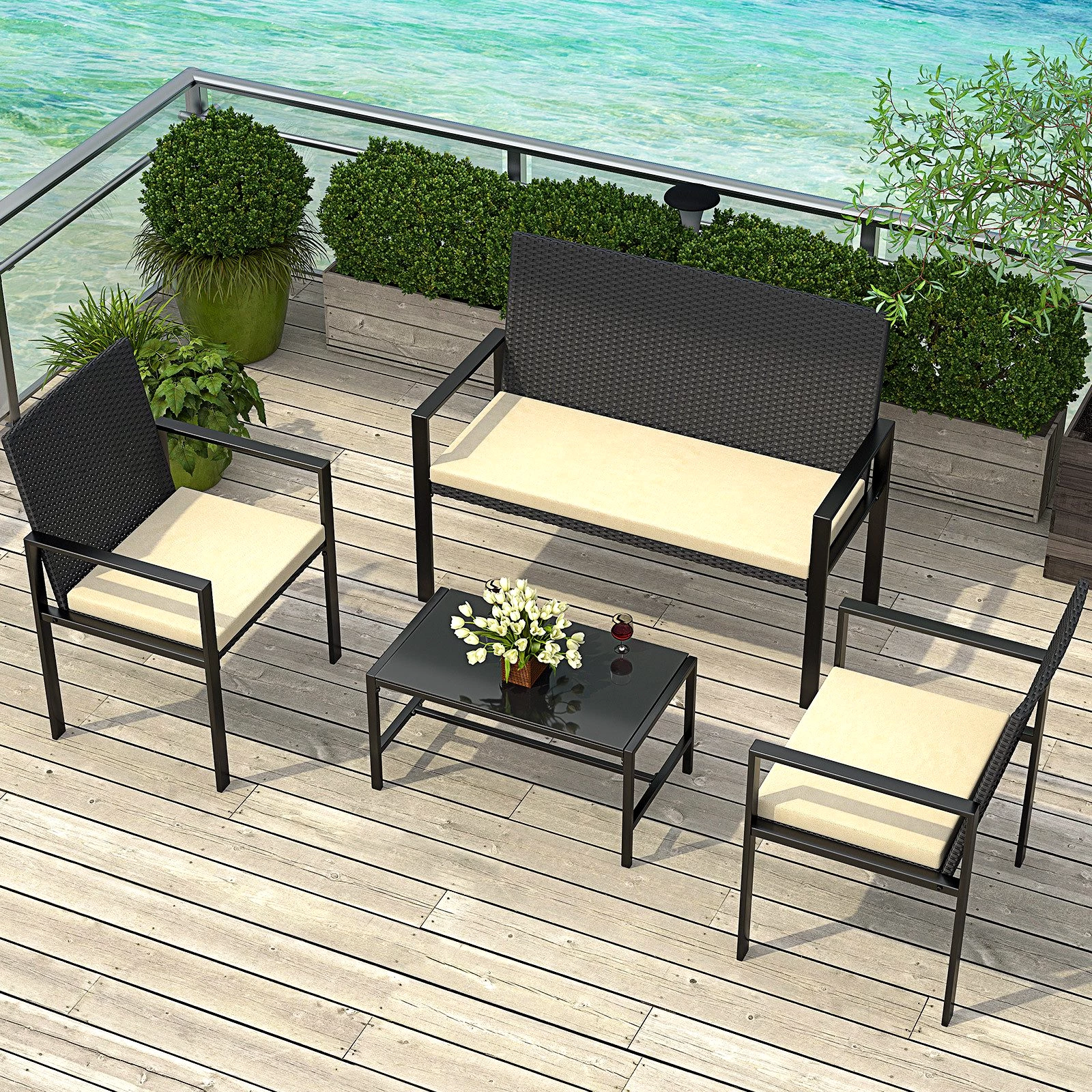 BIGZZIA Gartenlounge-Set Gartenmöbel-Set für den Außenbereich aus Rattan, 4-teilig