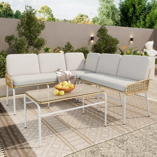 Flieks Gartenlounge-Set, 5-Sitzer Gartenmöbel Polyrattan (2-Sitzer Sofa + 3-Sitzer Sofa +Tisch)