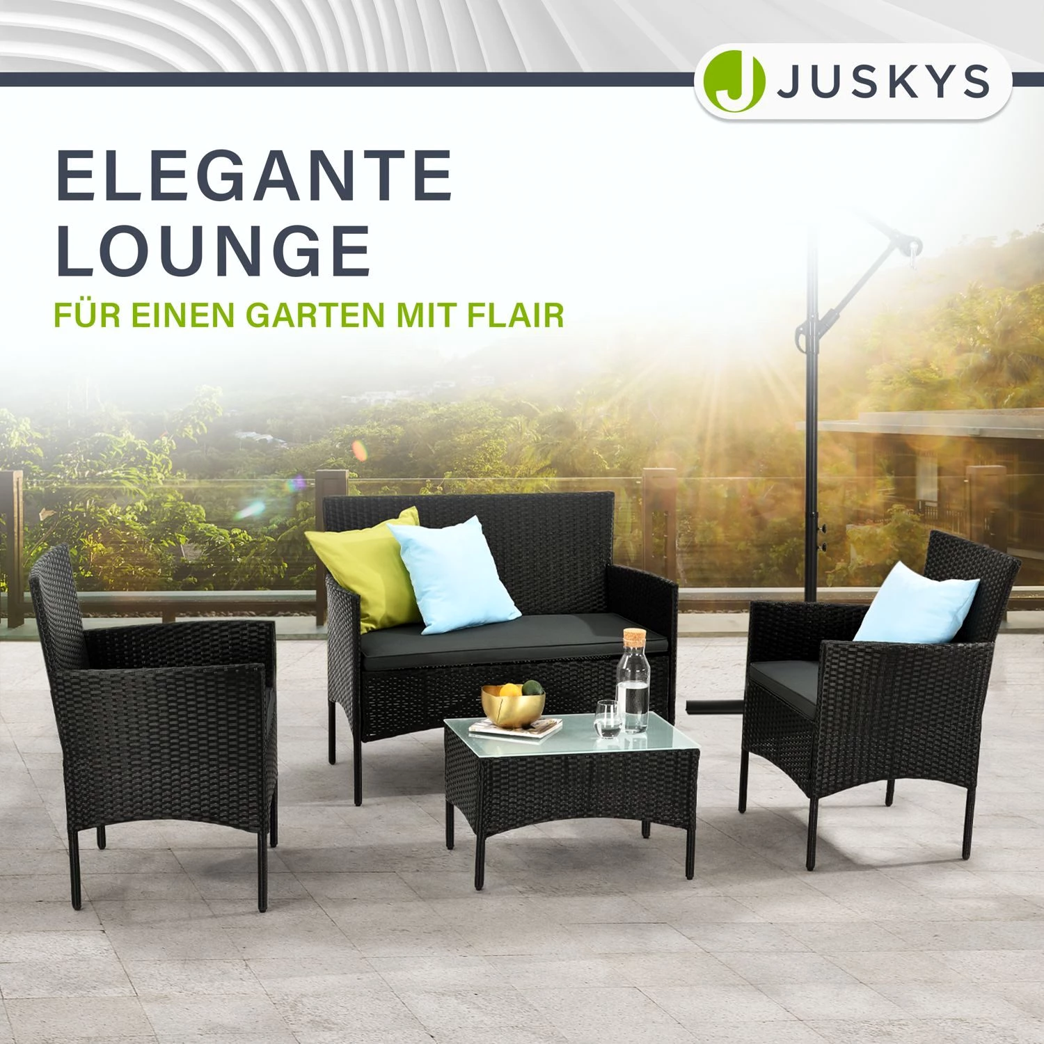 Juskys Gartenlounge-Set Fort Myers, wetterfeste Polyrattan Sitzgruppe für 4 Personen